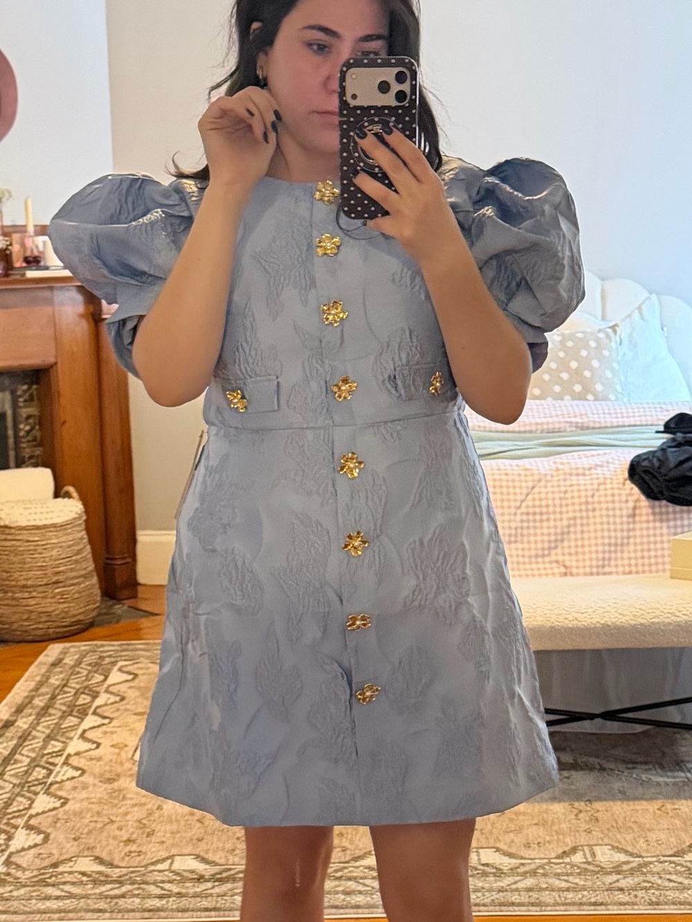 Sister Jane Powder Blue Puff-Sleeve Mini Dress with Gold Floral Buttons